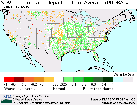 United States NDVI Crop-masked Departure from Average (PROBA-V) Thematic Map For 1/1/2019 - 1/10/2019
