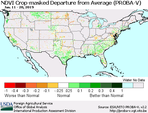 United States NDVI Crop-masked Departure from Average (PROBA-V) Thematic Map For 1/11/2019 - 1/20/2019