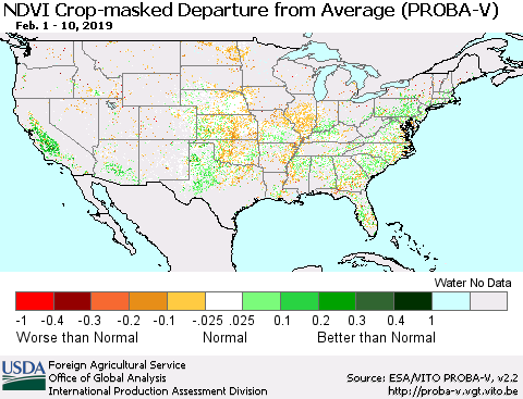 United States NDVI Crop-masked Departure from Average (PROBA-V) Thematic Map For 2/1/2019 - 2/10/2019