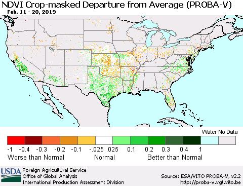 United States NDVI Crop-masked Departure from Average (PROBA-V) Thematic Map For 2/11/2019 - 2/20/2019