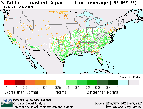 United States NDVI Crop-masked Departure from Average (PROBA-V) Thematic Map For 2/21/2019 - 2/28/2019