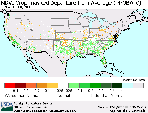United States NDVI Crop-masked Departure from Average (PROBA-V) Thematic Map For 3/1/2019 - 3/10/2019