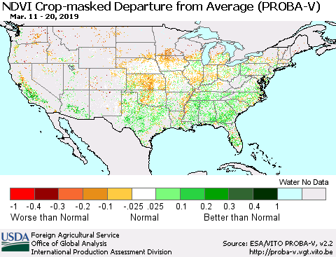 United States NDVI Crop-masked Departure from Average (PROBA-V) Thematic Map For 3/11/2019 - 3/20/2019