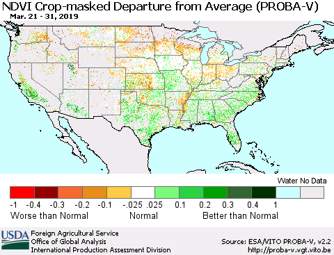 United States NDVI Crop-masked Departure from Average (PROBA-V) Thematic Map For 3/21/2019 - 3/31/2019