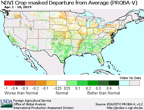 United States NDVI Crop-masked Departure from Average (PROBA-V) Thematic Map For 4/1/2019 - 4/10/2019