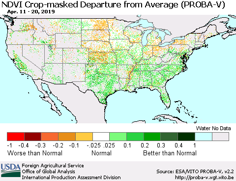 United States NDVI Crop-masked Departure from Average (PROBA-V) Thematic Map For 4/11/2019 - 4/20/2019