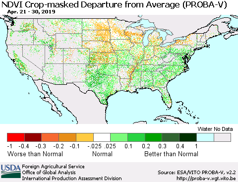 United States NDVI Crop-masked Departure from Average (PROBA-V) Thematic Map For 4/21/2019 - 4/30/2019