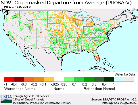United States NDVI Crop-masked Departure from Average (PROBA-V) Thematic Map For 5/1/2019 - 5/10/2019