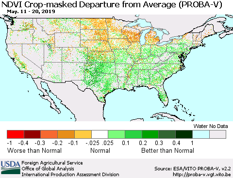 United States NDVI Crop-masked Departure from Average (PROBA-V) Thematic Map For 5/11/2019 - 5/20/2019
