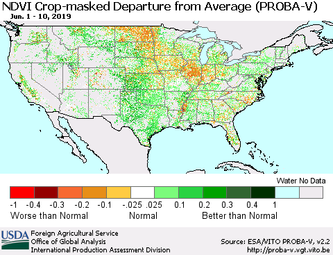 United States NDVI Crop-masked Departure from Average (PROBA-V) Thematic Map For 6/1/2019 - 6/10/2019