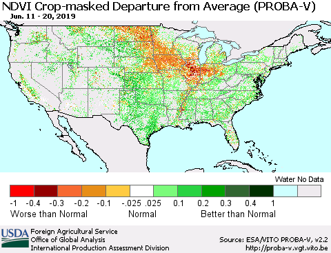 United States NDVI Crop-masked Departure from Average (PROBA-V) Thematic Map For 6/11/2019 - 6/20/2019