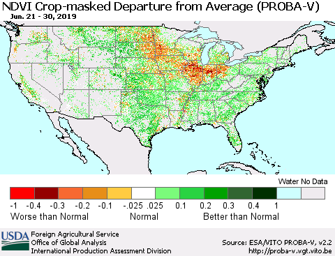 United States NDVI Crop-masked Departure from Average (PROBA-V) Thematic Map For 6/21/2019 - 6/30/2019