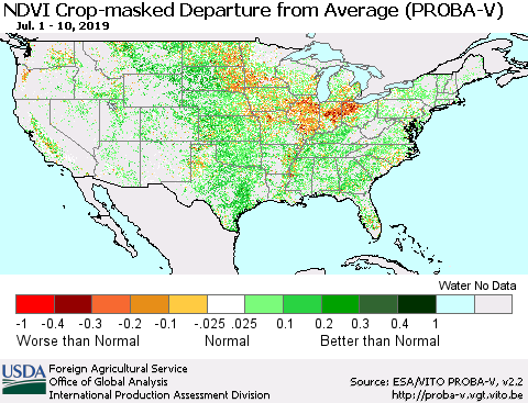 United States NDVI Crop-masked Departure from Average (PROBA-V) Thematic Map For 7/1/2019 - 7/10/2019