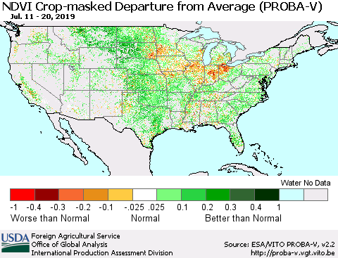 United States NDVI Crop-masked Departure from Average (PROBA-V) Thematic Map For 7/11/2019 - 7/20/2019
