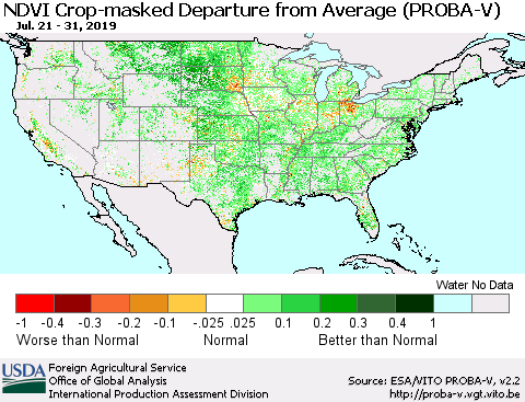 United States NDVI Crop-masked Departure from Average (PROBA-V) Thematic Map For 7/21/2019 - 7/31/2019