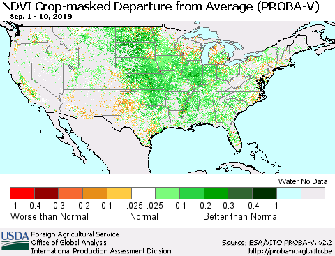 United States NDVI Crop-masked Departure from Average (PROBA-V) Thematic Map For 9/1/2019 - 9/10/2019