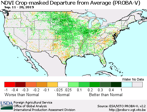 United States NDVI Crop-masked Departure from Average (PROBA-V) Thematic Map For 9/11/2019 - 9/20/2019