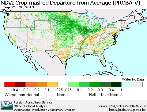 United States NDVI Crop-masked Departure from Average (PROBA-V) Thematic Map For 9/21/2019 - 9/30/2019