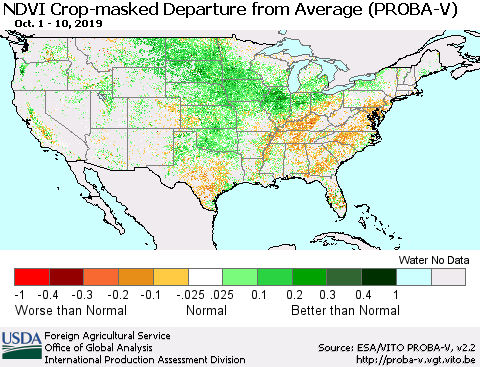 United States NDVI Crop-masked Departure from Average (PROBA-V) Thematic Map For 10/1/2019 - 10/10/2019