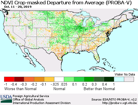 United States NDVI Crop-masked Departure from Average (PROBA-V) Thematic Map For 10/11/2019 - 10/20/2019