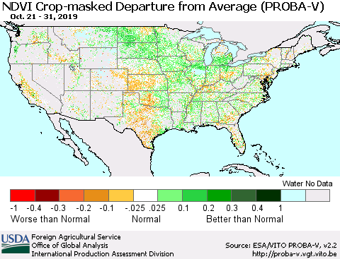 United States NDVI Crop-masked Departure from Average (PROBA-V) Thematic Map For 10/21/2019 - 10/31/2019
