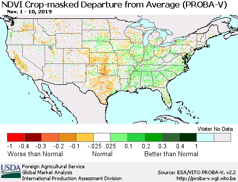 United States NDVI Crop-masked Departure from Average (PROBA-V) Thematic Map For 11/1/2019 - 11/10/2019