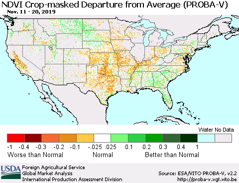 United States NDVI Crop-masked Departure from Average (PROBA-V) Thematic Map For 11/11/2019 - 11/20/2019