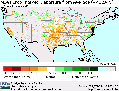 United States NDVI Crop-masked Departure from Average (PROBA-V) Thematic Map For 11/21/2019 - 11/30/2019