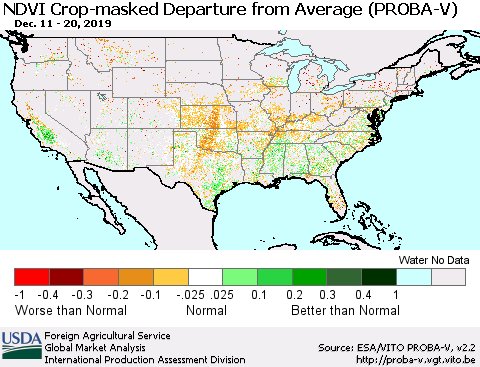 United States NDVI Crop-masked Departure from Average (PROBA-V) Thematic Map For 12/11/2019 - 12/20/2019