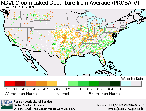 United States NDVI Crop-masked Departure from Average (PROBA-V) Thematic Map For 12/21/2019 - 12/31/2019