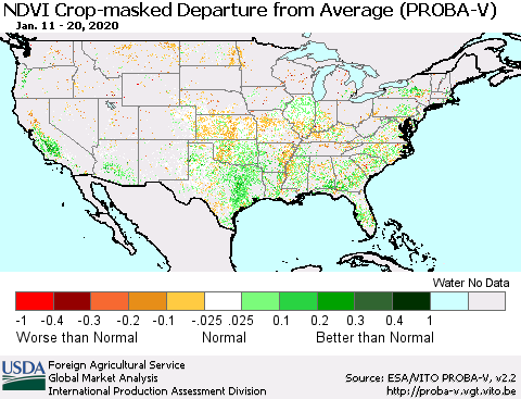 United States NDVI Crop-masked Departure from Average (PROBA-V) Thematic Map For 1/11/2020 - 1/20/2020