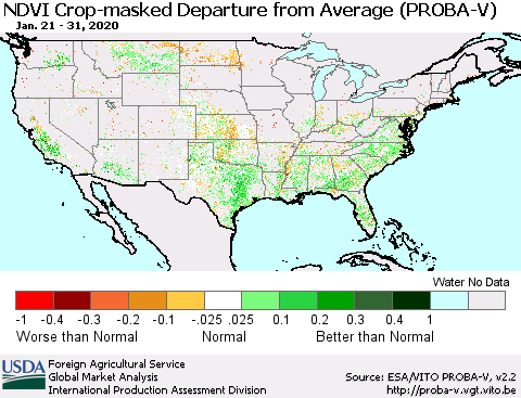 United States NDVI Crop-masked Departure from Average (PROBA-V) Thematic Map For 1/21/2020 - 1/31/2020