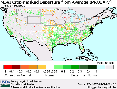 United States NDVI Crop-masked Departure from Average (PROBA-V) Thematic Map For 2/1/2020 - 2/10/2020