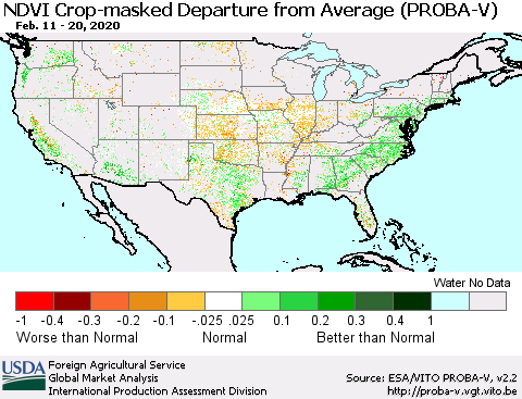 United States NDVI Crop-masked Departure from Average (PROBA-V) Thematic Map For 2/11/2020 - 2/20/2020
