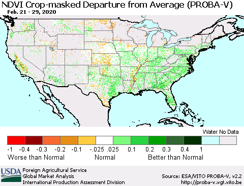 United States NDVI Crop-masked Departure from Average (PROBA-V) Thematic Map For 2/21/2020 - 2/29/2020