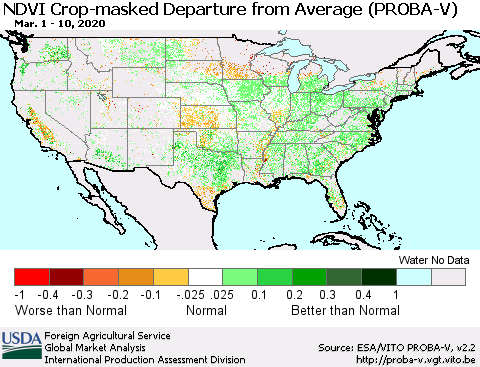United States NDVI Crop-masked Departure from Average (PROBA-V) Thematic Map For 3/1/2020 - 3/10/2020