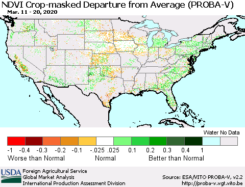 United States NDVI Crop-masked Departure from Average (PROBA-V) Thematic Map For 3/11/2020 - 3/20/2020