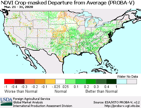 United States NDVI Crop-masked Departure from Average (PROBA-V) Thematic Map For 3/21/2020 - 3/31/2020