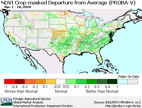 United States NDVI Crop-masked Departure from Average (PROBA-V) Thematic Map For 4/1/2020 - 4/10/2020
