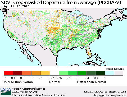 United States NDVI Crop-masked Departure from Average (PROBA-V) Thematic Map For 4/11/2020 - 4/20/2020