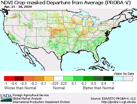 United States NDVI Crop-masked Departure from Average (PROBA-V) Thematic Map For 4/21/2020 - 4/30/2020