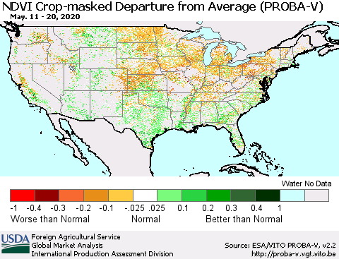 United States NDVI Crop-masked Departure from Average (PROBA-V) Thematic Map For 5/11/2020 - 5/20/2020