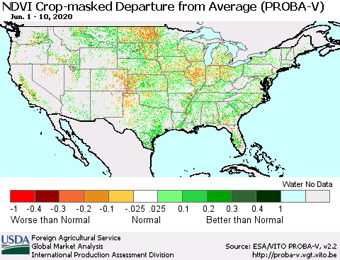 United States NDVI Crop-masked Departure from Average (PROBA-V) Thematic Map For 6/1/2020 - 6/10/2020