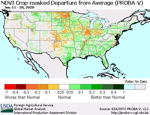 United States NDVI Crop-masked Departure from Average (PROBA-V) Thematic Map For 6/11/2020 - 6/20/2020