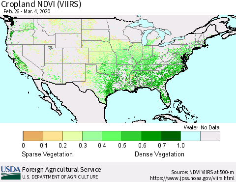 United States Cropland NDVI (VIIRS) Thematic Map For 3/1/2020 - 3/10/2020
