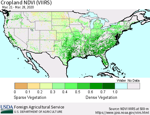 United States Cropland NDVI (VIIRS) Thematic Map For 3/21/2020 - 3/31/2020