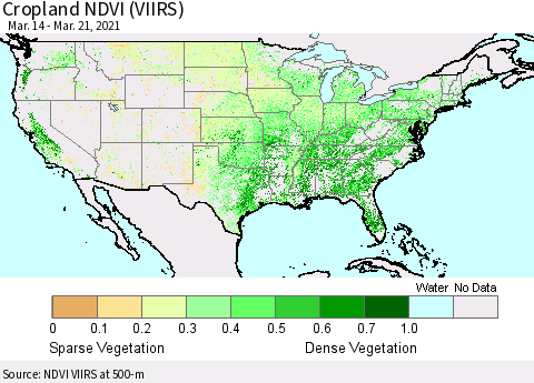 United States Cropland NDVI (VIIRS) Thematic Map For 3/14/2021 - 3/21/2021