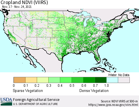 United States Cropland NDVI (VIIRS) Thematic Map For 11/21/2021 - 11/30/2021