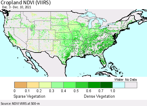 United States Cropland NDVI (VIIRS) Thematic Map For 12/1/2021 - 12/10/2021