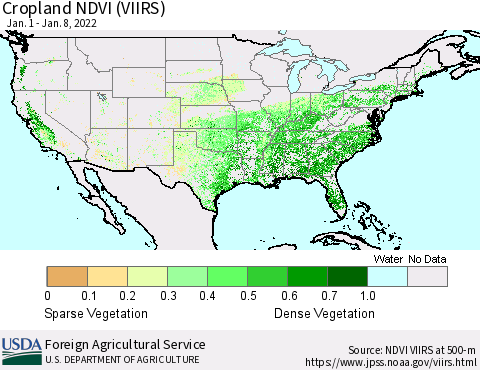 United States Cropland NDVI (VIIRS) Thematic Map For 1/1/2022 - 1/10/2022